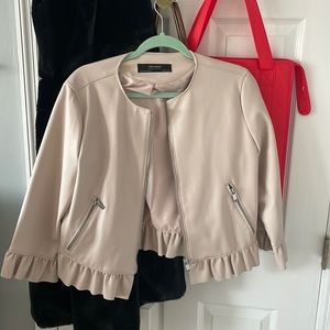 Zara cream leather jacket with ruffle at end